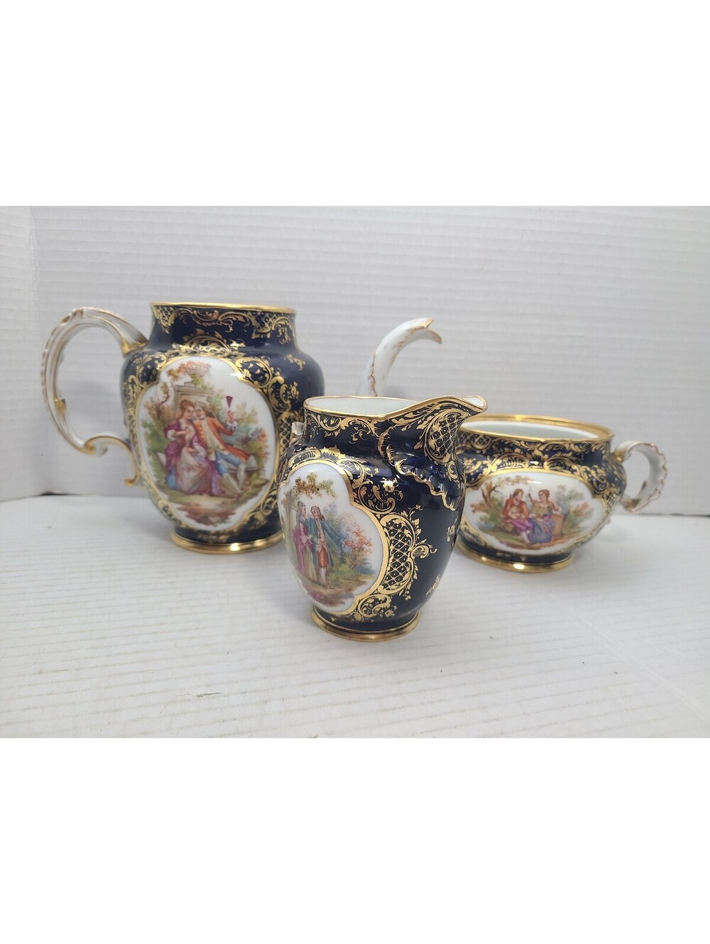 Antique Franz Junkersdorf Germany Porcelain 3 Piece Tea Set Blue/Gold (Read!)